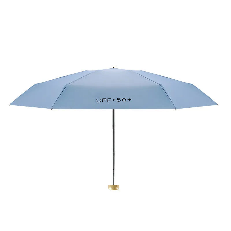 Closed five-fold sun umbrella showing flat profile and rubber handle