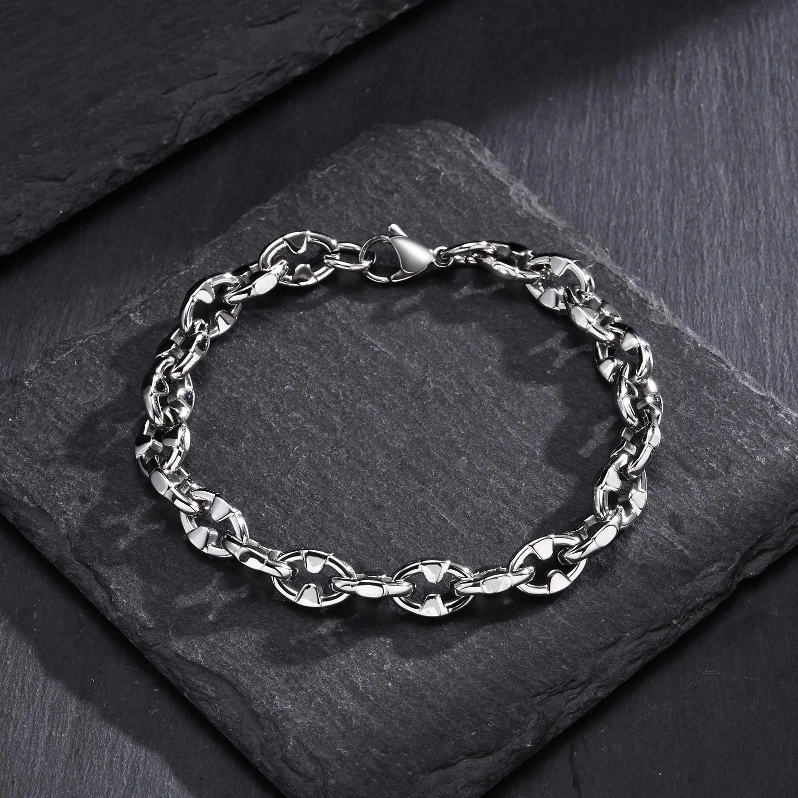 Stainless steel geometric chain bracelet with thick links and hip hop styling