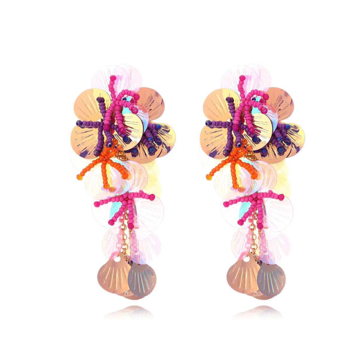 Handmade colourful bead flower and leaf drop earrings in an exaggerated oversized design.