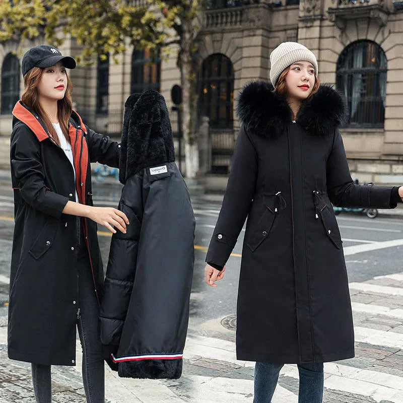 Women's long white trench coat with fleece detailing and a 100cm lengthened fit.