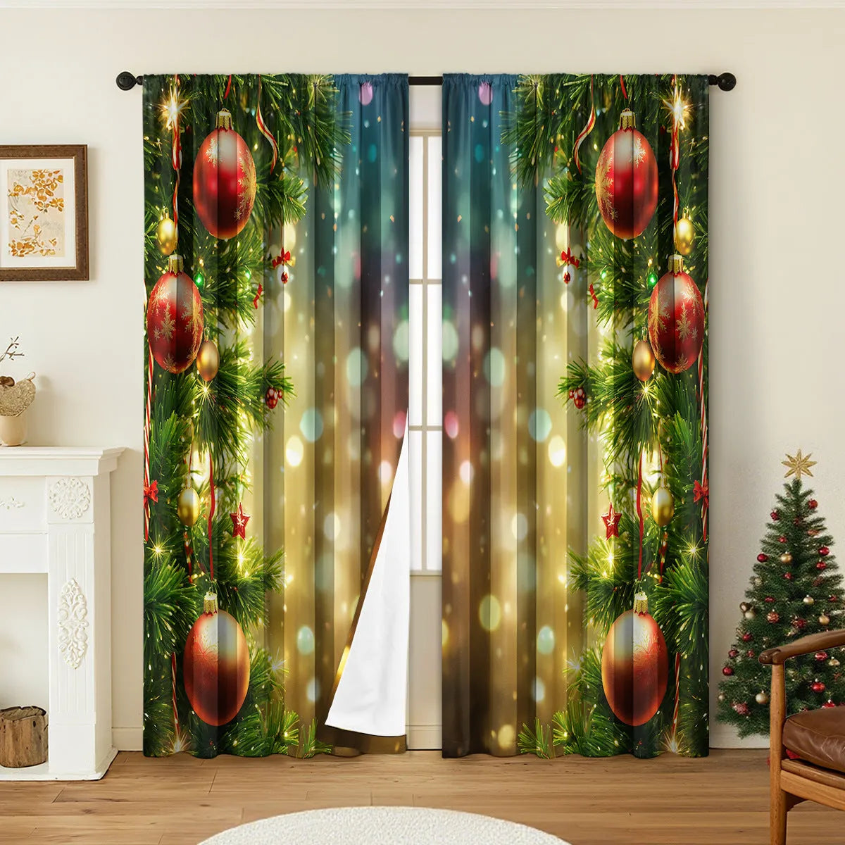 Set of two 3D digitally printed Christmas curtains with festive patterns