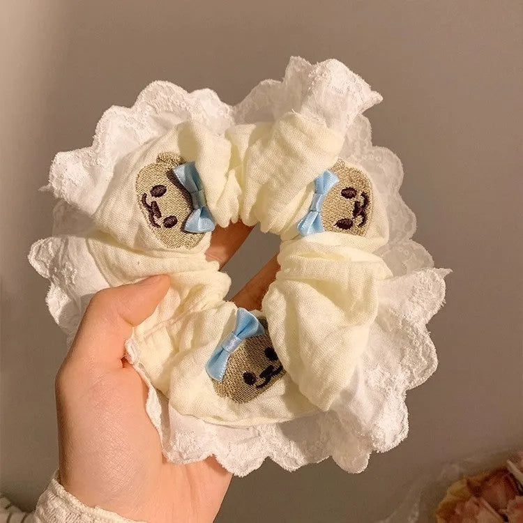 Bear blue bow lace large intestine hair ring made from polyester cloth with high elasticity band