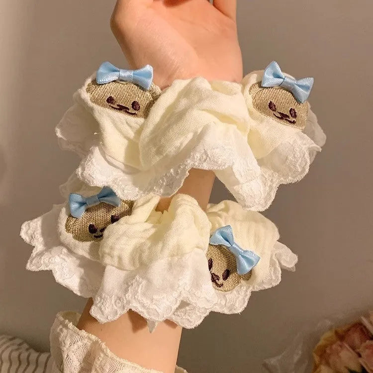 Bear blue bow lace large intestine hair ring made from polyester cloth with high elasticity band