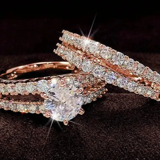 Fully-jewelled 2-in-1 female ring set in geometry design with diamond treatment, shown in silver, gold, and rose gold colours.