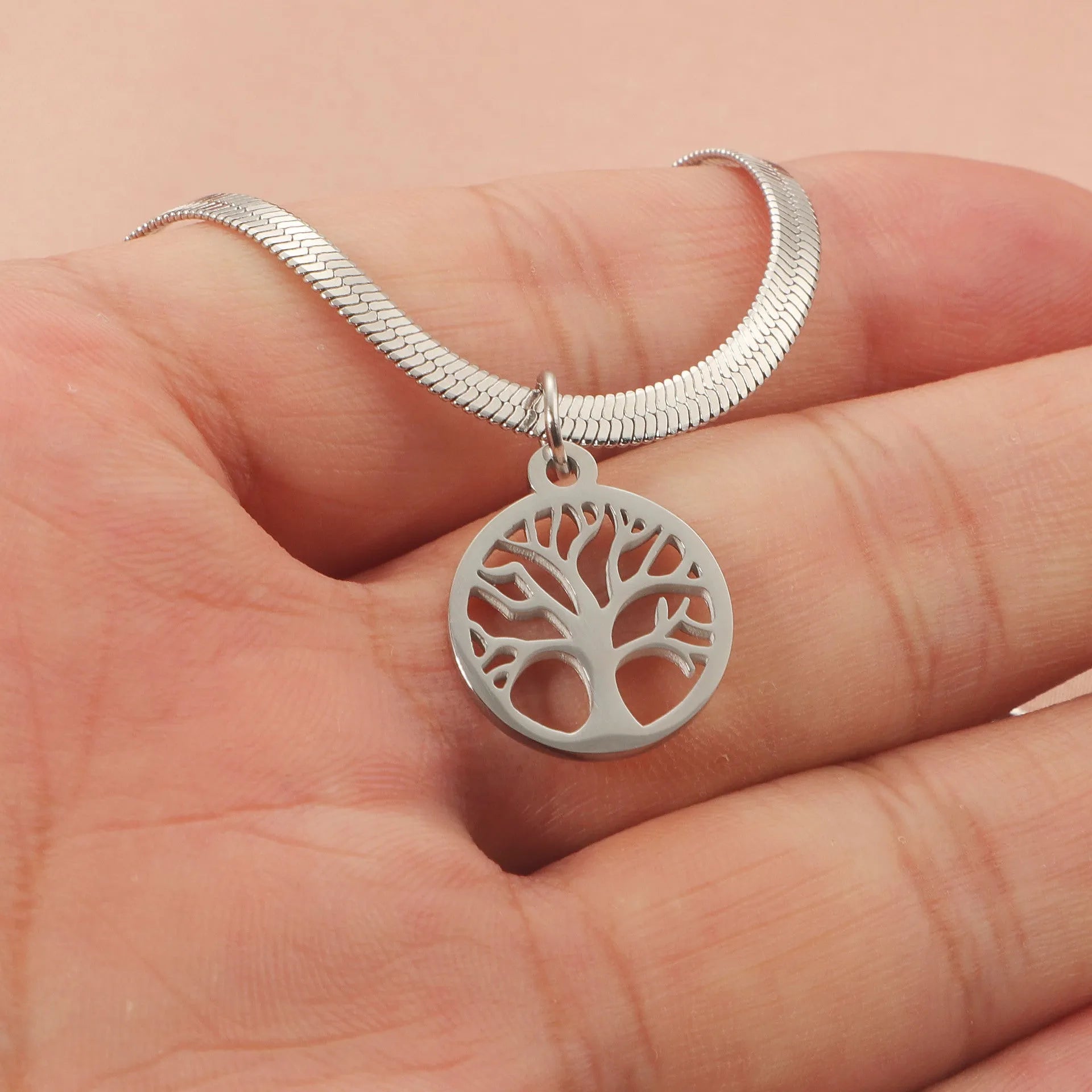 Stainless steel lucky tree necklace with titanium steel pendant on snake bones chain