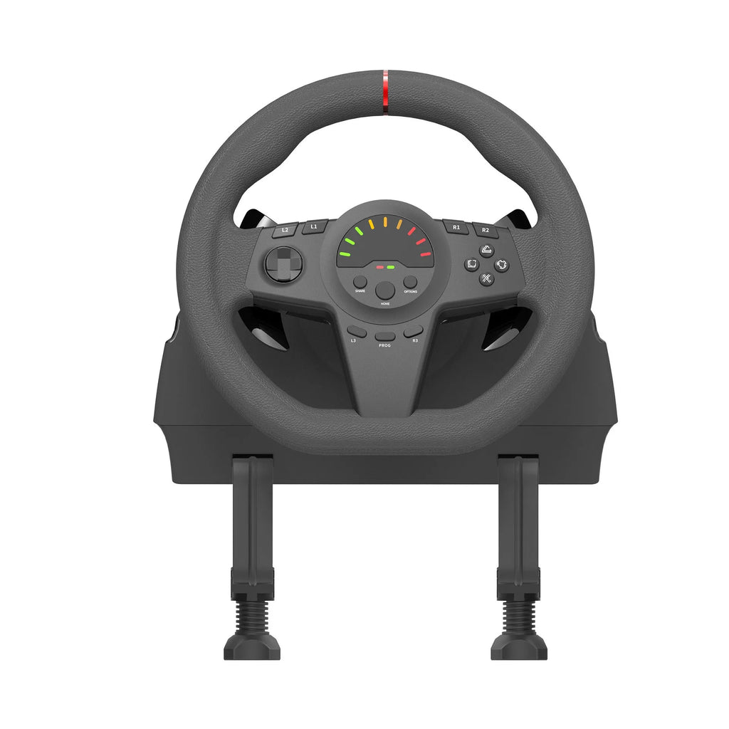 Black multi-platform USB racing wheel with two pedals and a manual bracket for PC and console gaming.