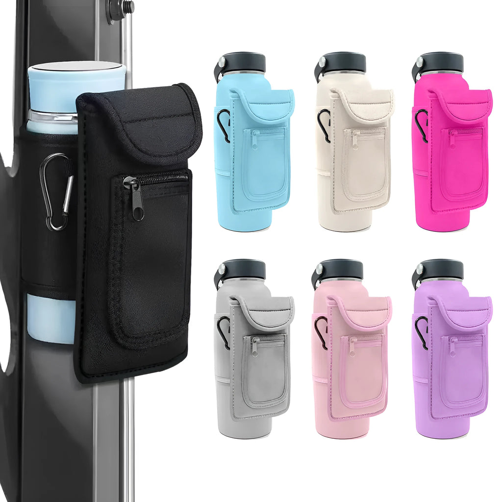 Sports bottle sleeve in cloth material with magnetic or carabiner clip available in multiple colours for outdoor fitness