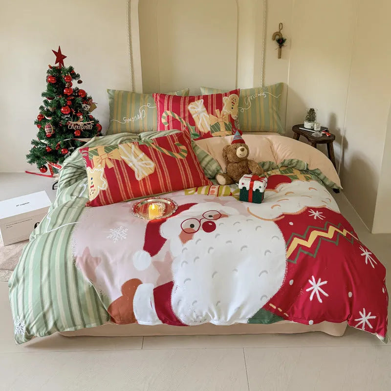 Christmas style super soft washed cotton printed four-piece bedding set with cartoon digital print patterns