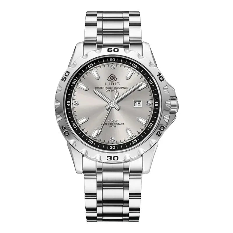 Men's silver business watch with stainless steel strap, luminous hands, and sapphire crystal glass face