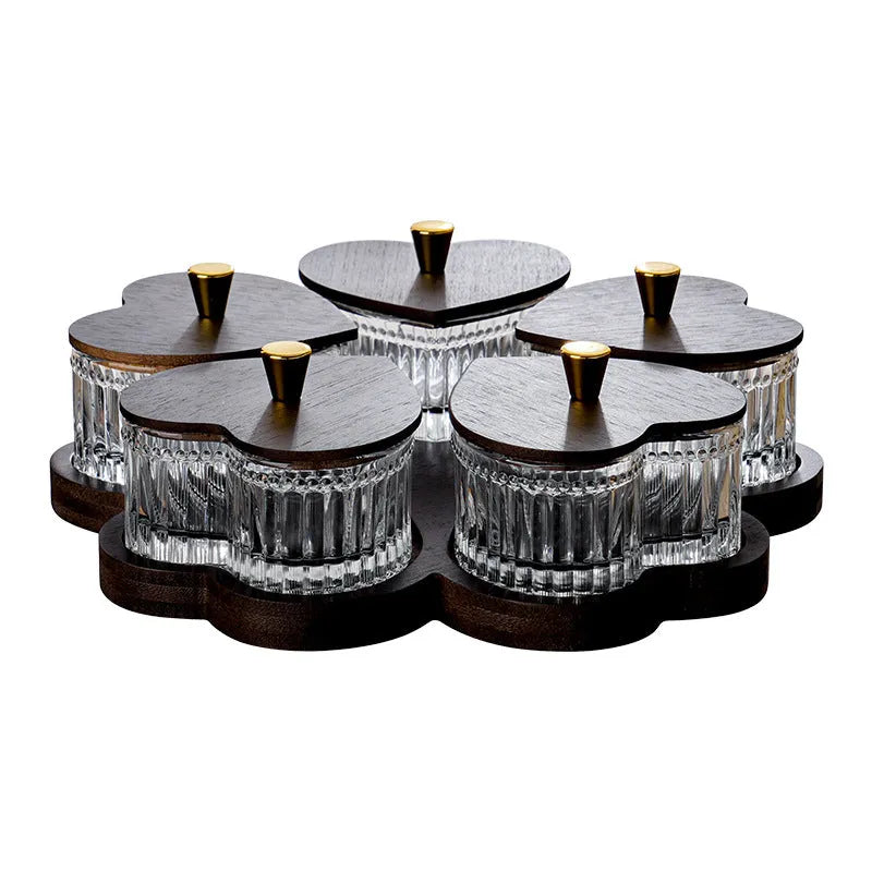 Glass snack serving tray with transparent heart-shaped lid in retro style, shown in 2-grid, 3-grid, 4-grid, and 5-grid options.