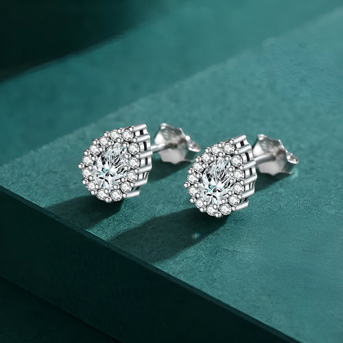 Pair of 925 sterling silver water drop shaped stud earrings with diamond process finish for women