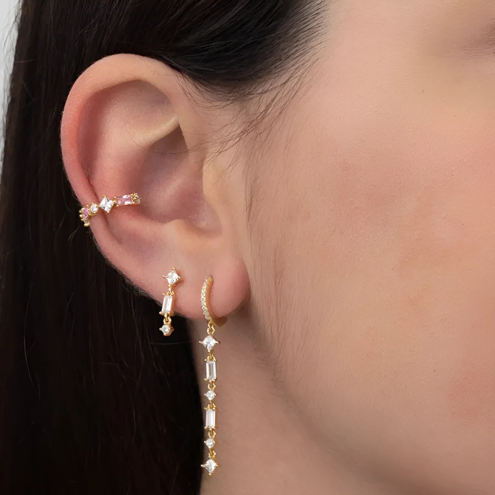 Sterling silver needle geometric ear clip with micro-inlaid colourful zircon stones in U-shaped design