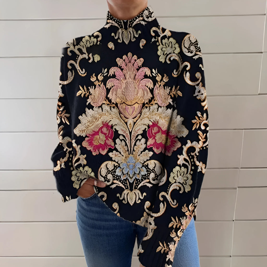 Black turtleneck sweater with 3D pattern printed design, loose fit, long sleeves
