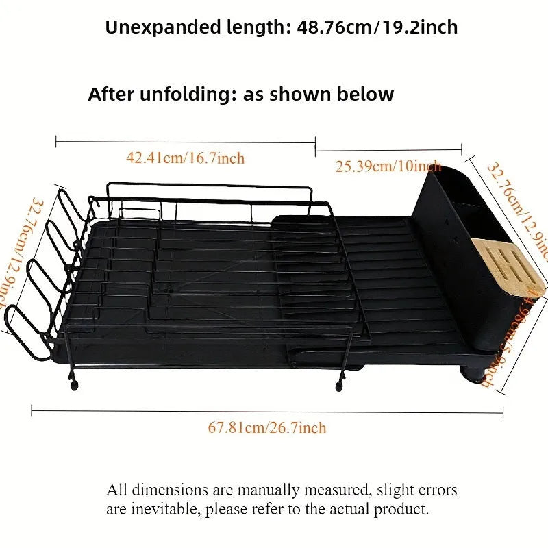 Retractable kitchen dish drain rack with cutlery and cup holder in carbon steel