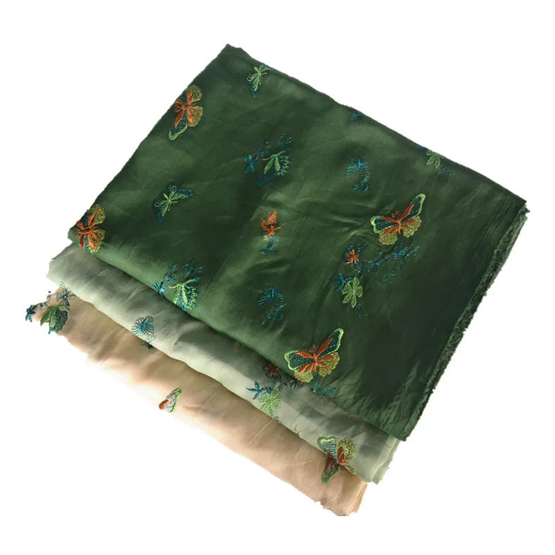 Pure ramie hanfu fabric in beige, grass green or dark green showing 140cm width measurement