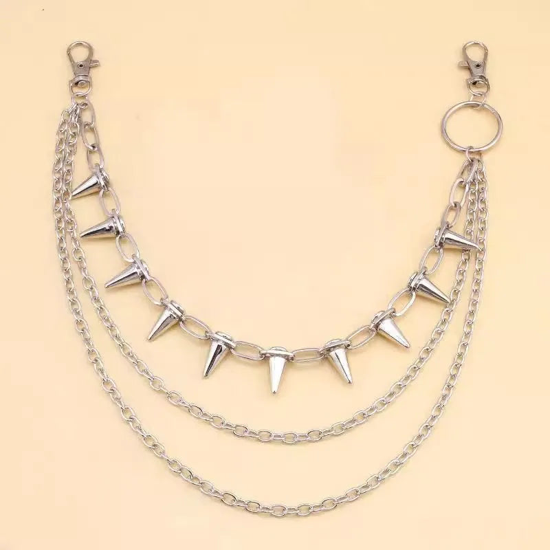 Silver metal punk chain with double layers, rivets, and a zipper decoration, shown at 115cm length.