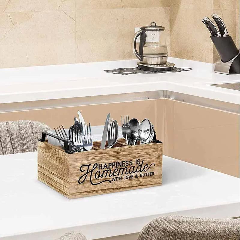 Wooden kitchen storage box with grid compartments for organising cutlery and tableware