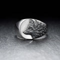 Men's geometric wolf head ring in silver alloy metal showing detailed wolf design