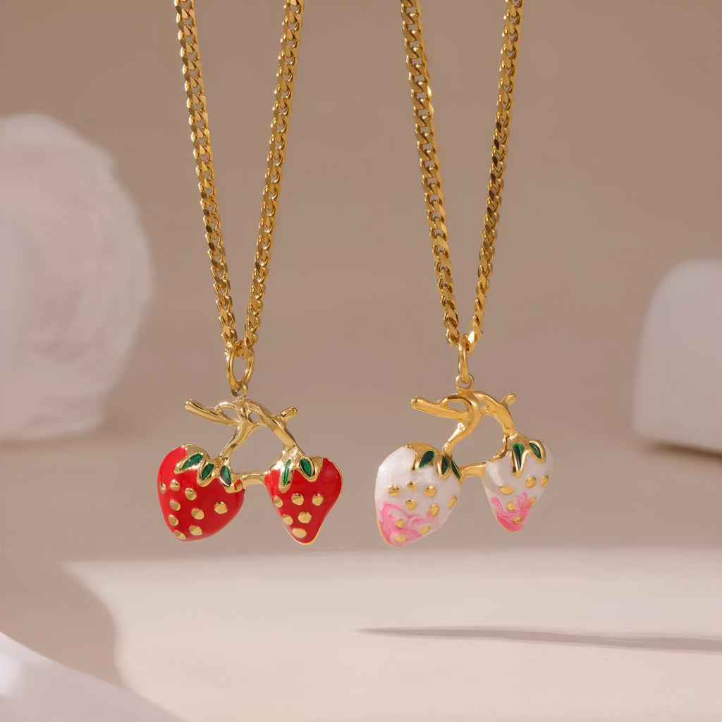 Strawberry fruit pendant necklace in stainless steel with red or white gradient finish