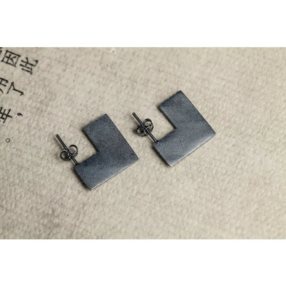 Sterling silver oxidised black geometric square earrings with ring attachment