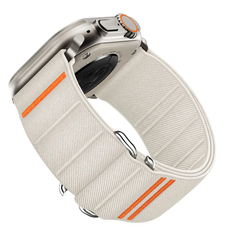 Elastic nylon Apple Watch band with stainless steel buckle in multiple colour options.