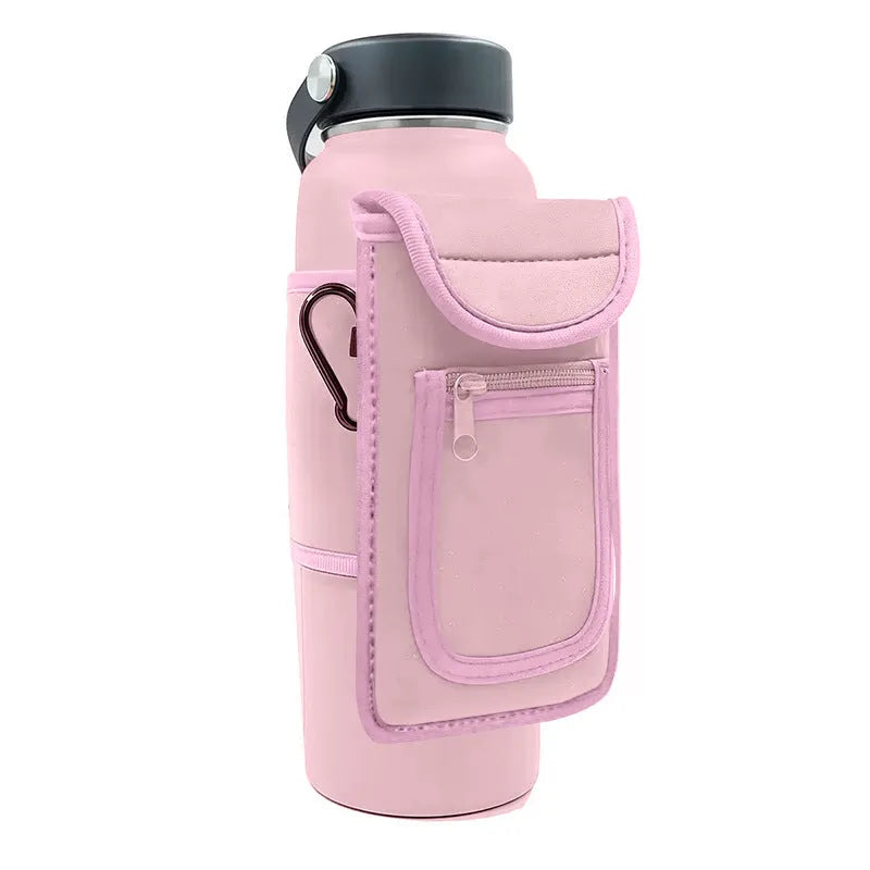 Sports bottle sleeve in cloth material with magnetic or carabiner clip available in multiple colours for outdoor fitness