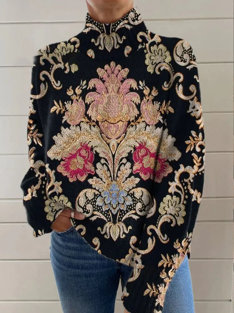 Black turtleneck sweater with 3D pattern printed design, loose fit, long sleeves