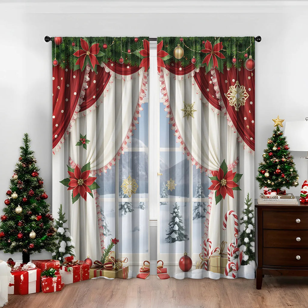 Set of two 3D digitally printed Christmas curtains with festive patterns
