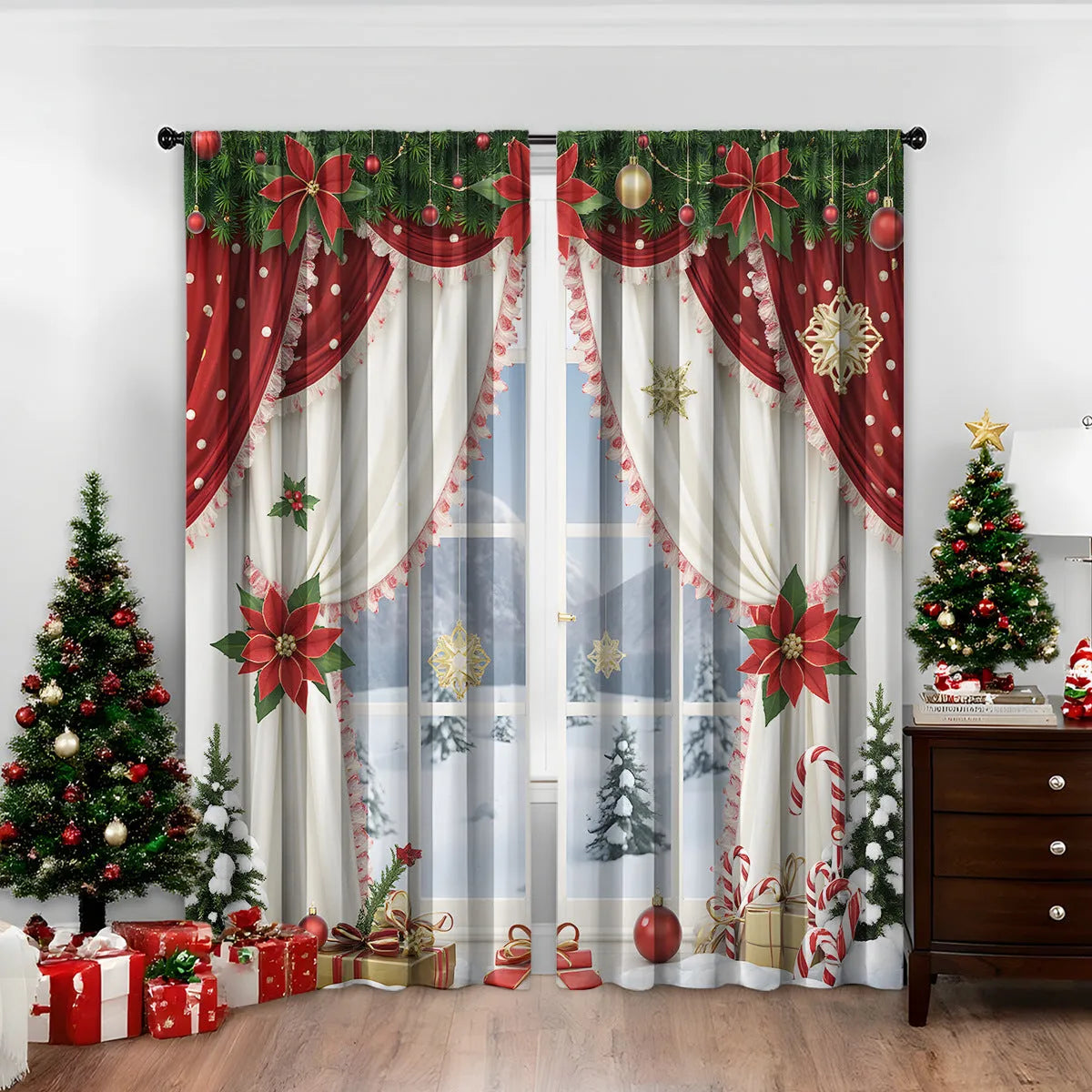 Set of two 3D digitally printed Christmas curtains with festive patterns