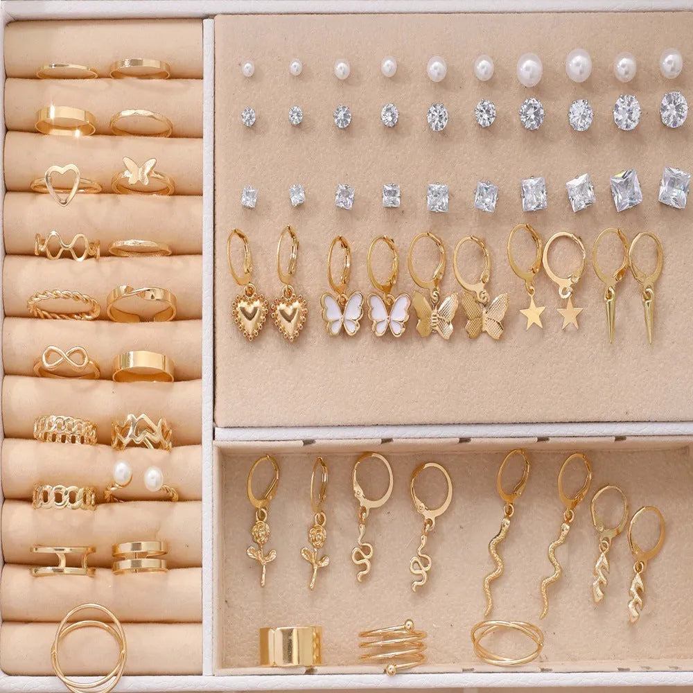 108 geometric alloy earrings with gold and yellow electroplated finishes arranged in combination set