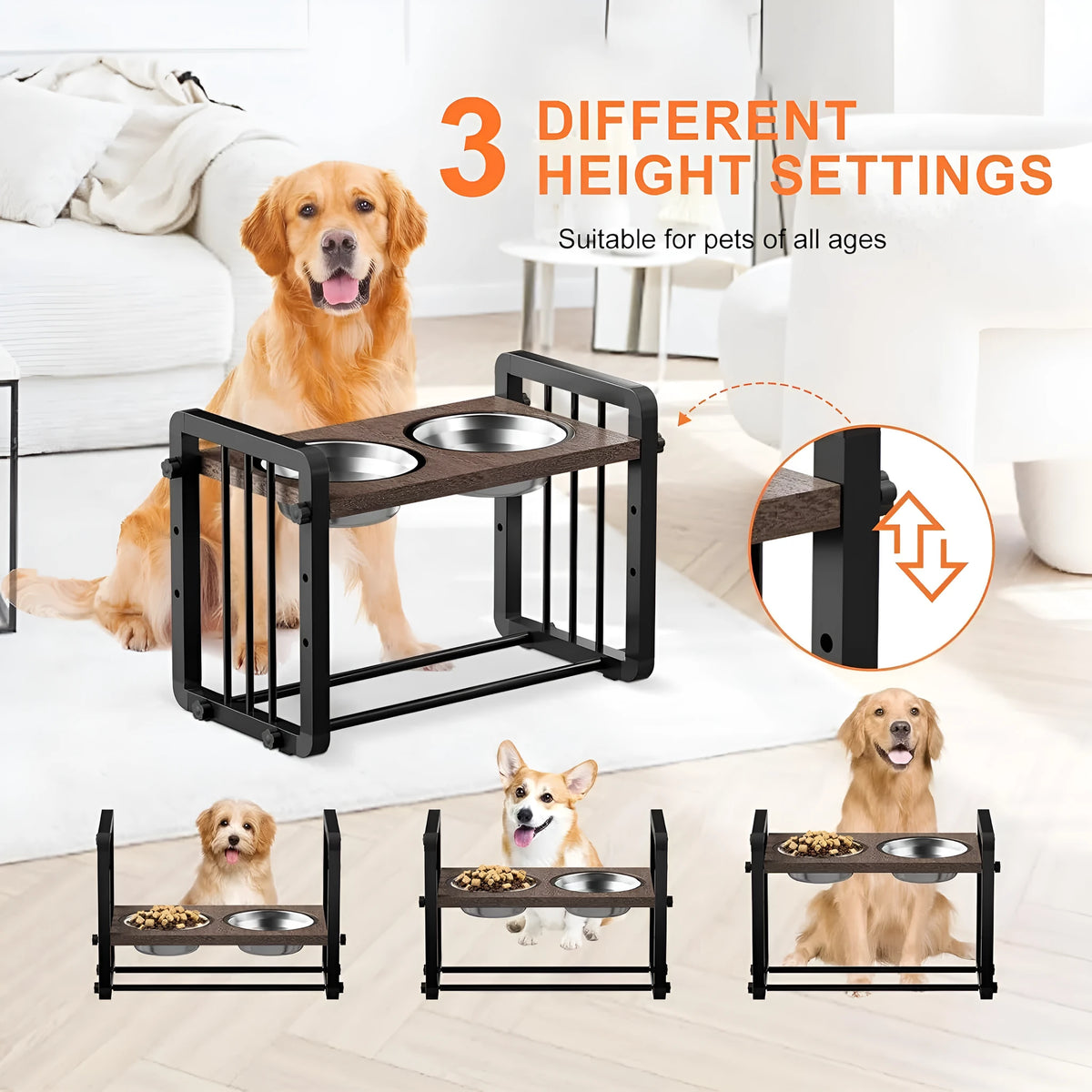 Black wooden dog bowl stand bracket on a floor holding a bowl