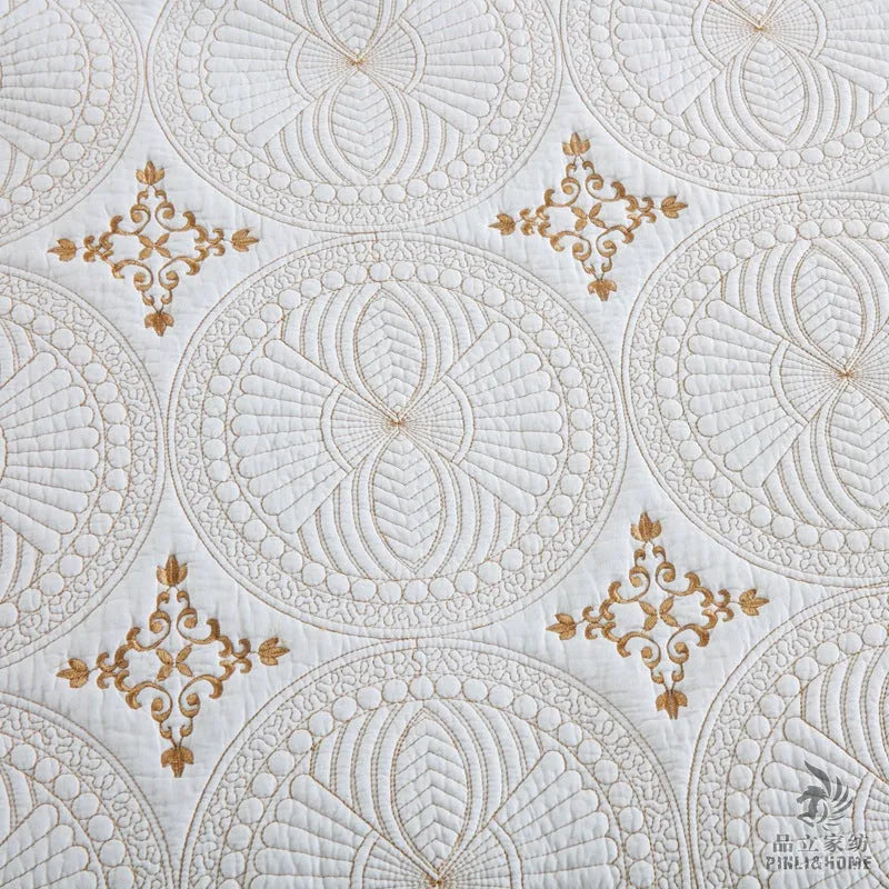 Double-thick pure cotton bed cover set with European-style embroidery for 1.8 metre beds