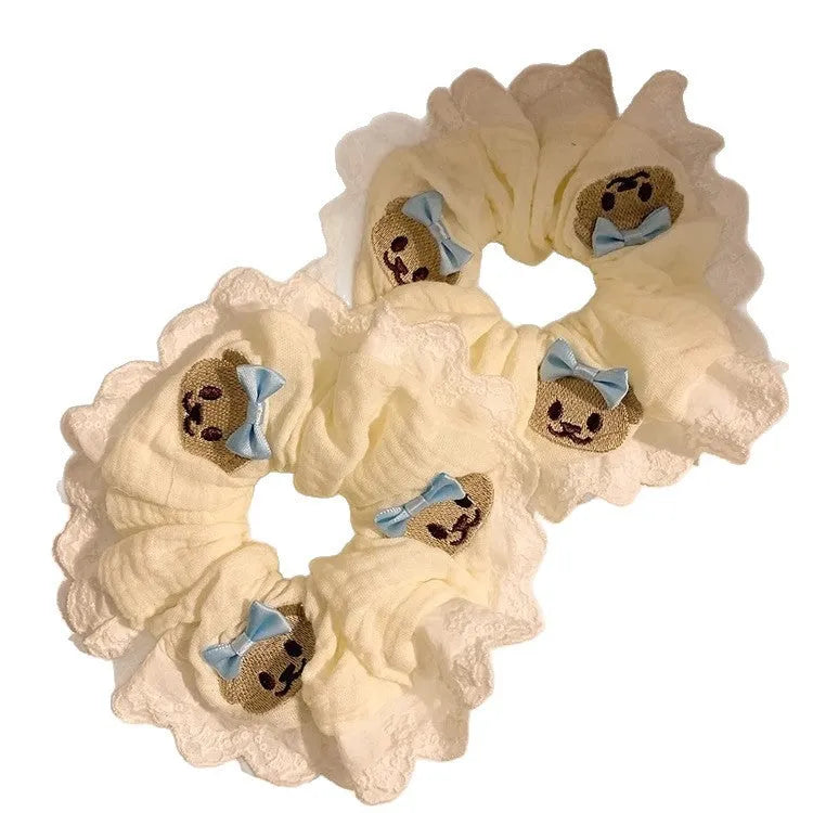 Bear blue bow lace large intestine hair ring made from polyester cloth with high elasticity band