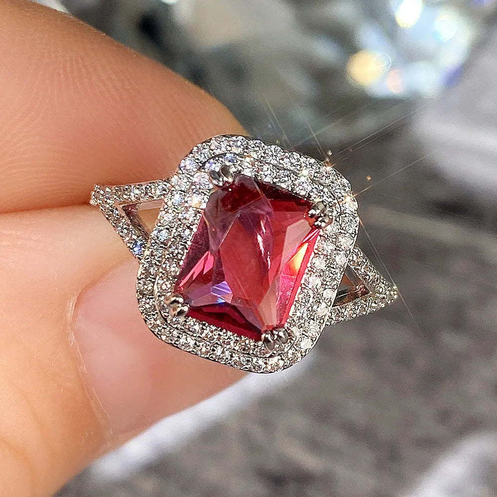 Geometric copper women's ring with square red rhinestone in sizes 6-10