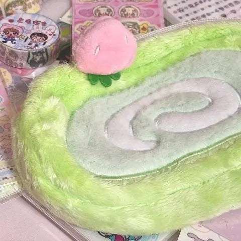 Honeydew Roll velvet pencil case with Swiss Roll Cake design and zipper closure