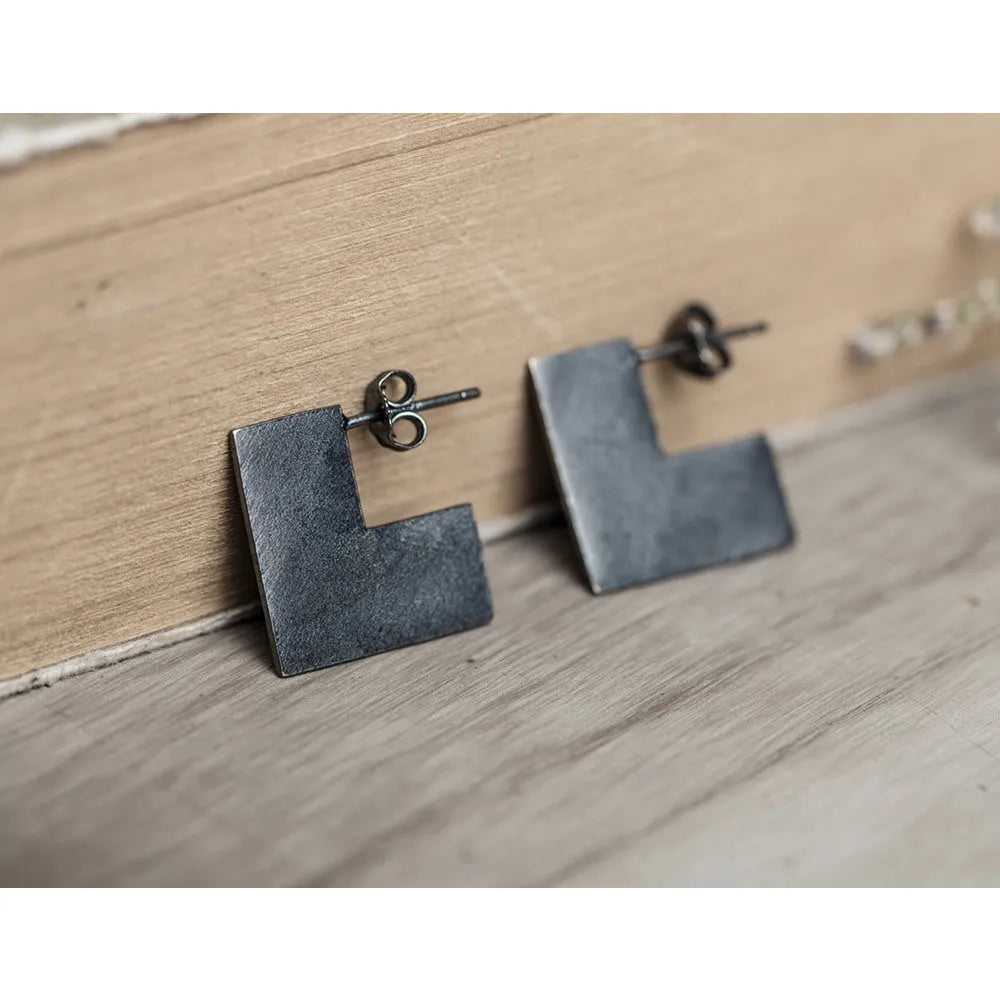 Sterling silver oxidised black geometric square earrings with ring attachment