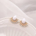 Retro silver fan-shaped earrings with needle opal and rhinestone geometric design