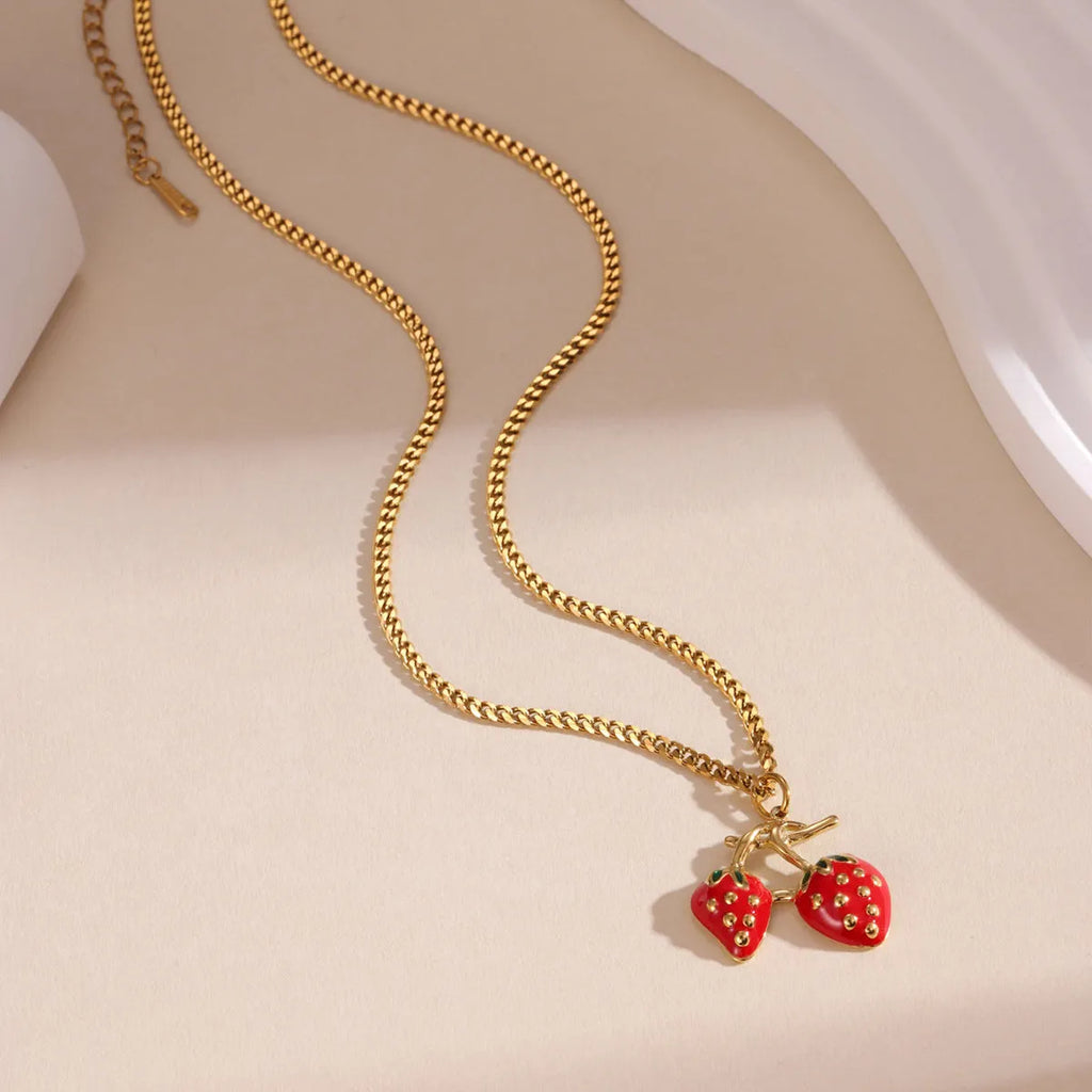 Strawberry fruit pendant necklace in stainless steel with red or white gradient finish