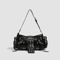 Black retro dumpling-shaped shoulder bag with three-dimensional pockets and oil wax leather finish