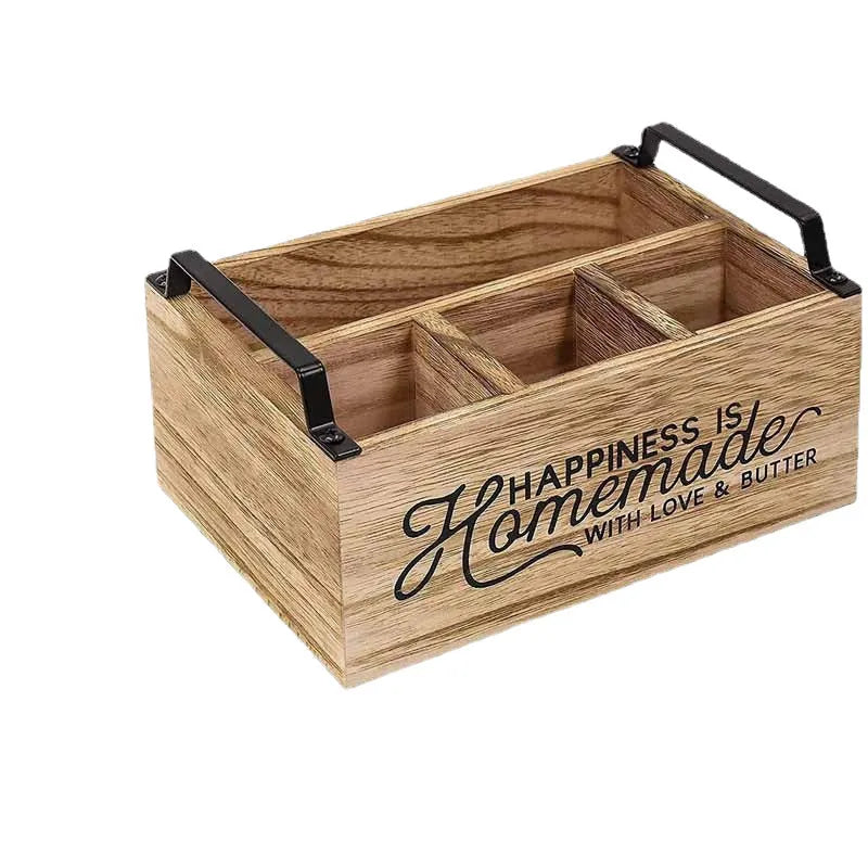 Wooden kitchen storage box with grid compartments for organising cutlery and tableware