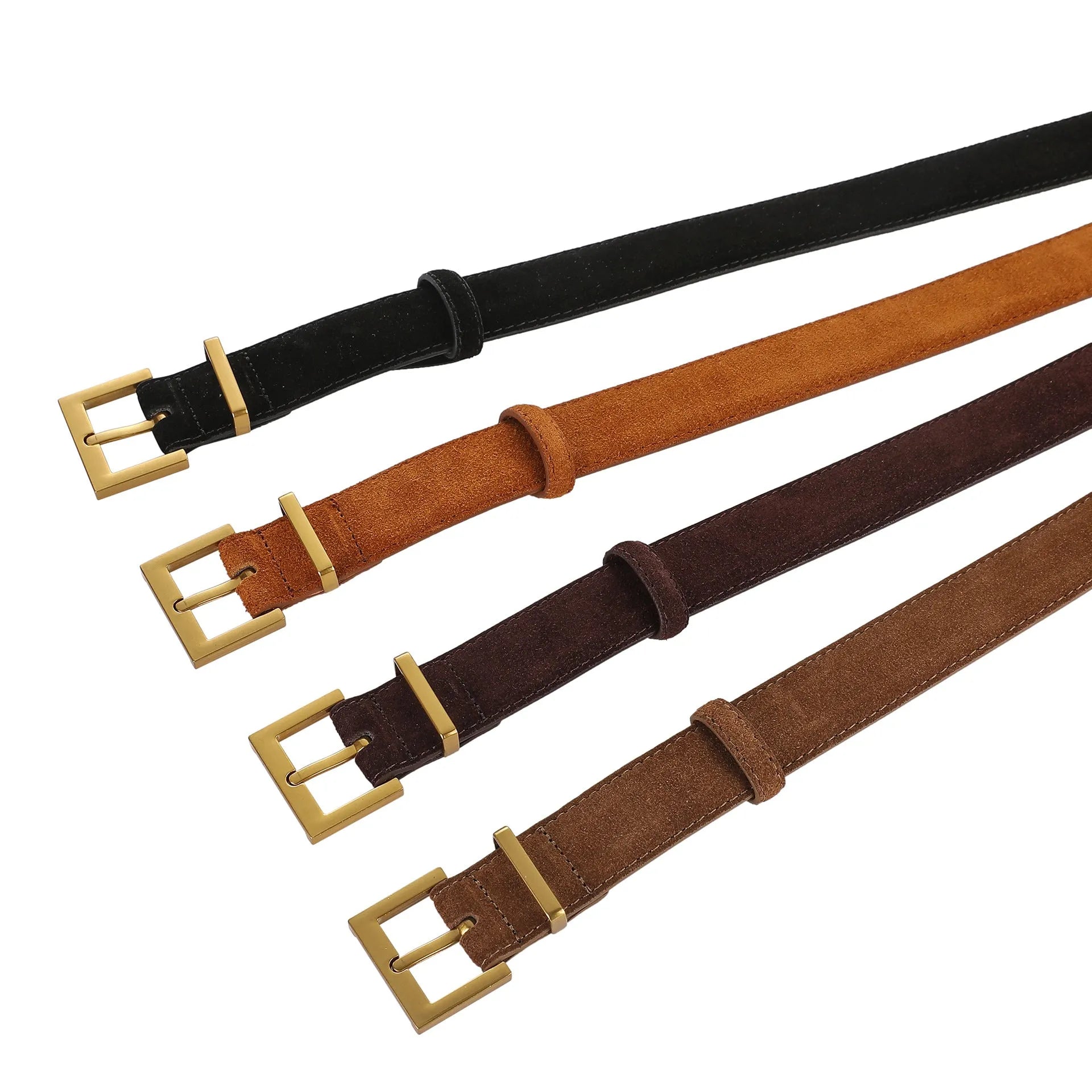 Ladies' leather pin buckle belt in black, caramel, dark brown, or light brown with quadrilateral alloy buckle