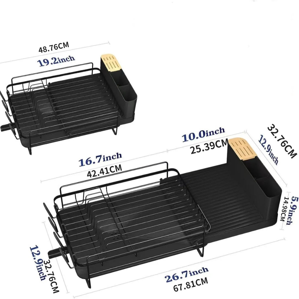 Retractable kitchen dish drain rack with cutlery and cup holder in carbon steel