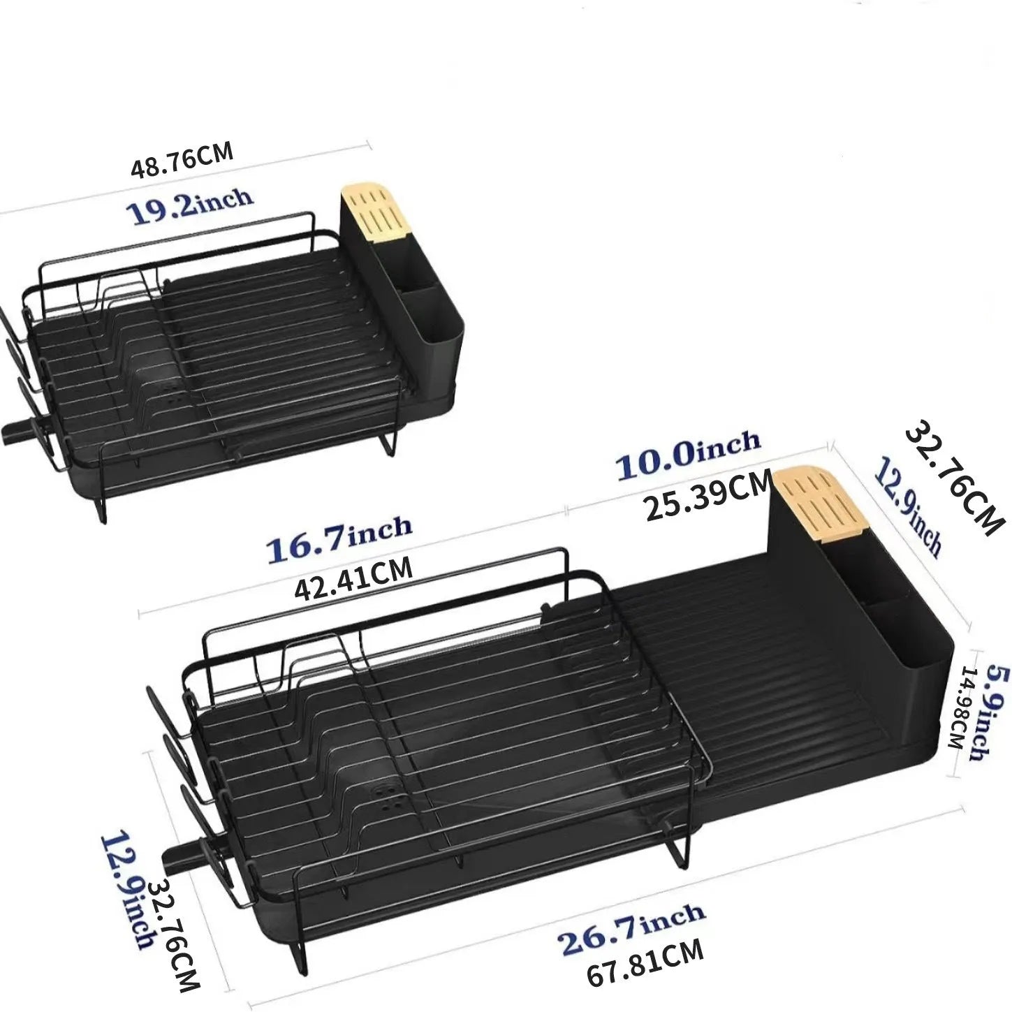 Retractable kitchen dish drain rack with cutlery and cup holder in carbon steel