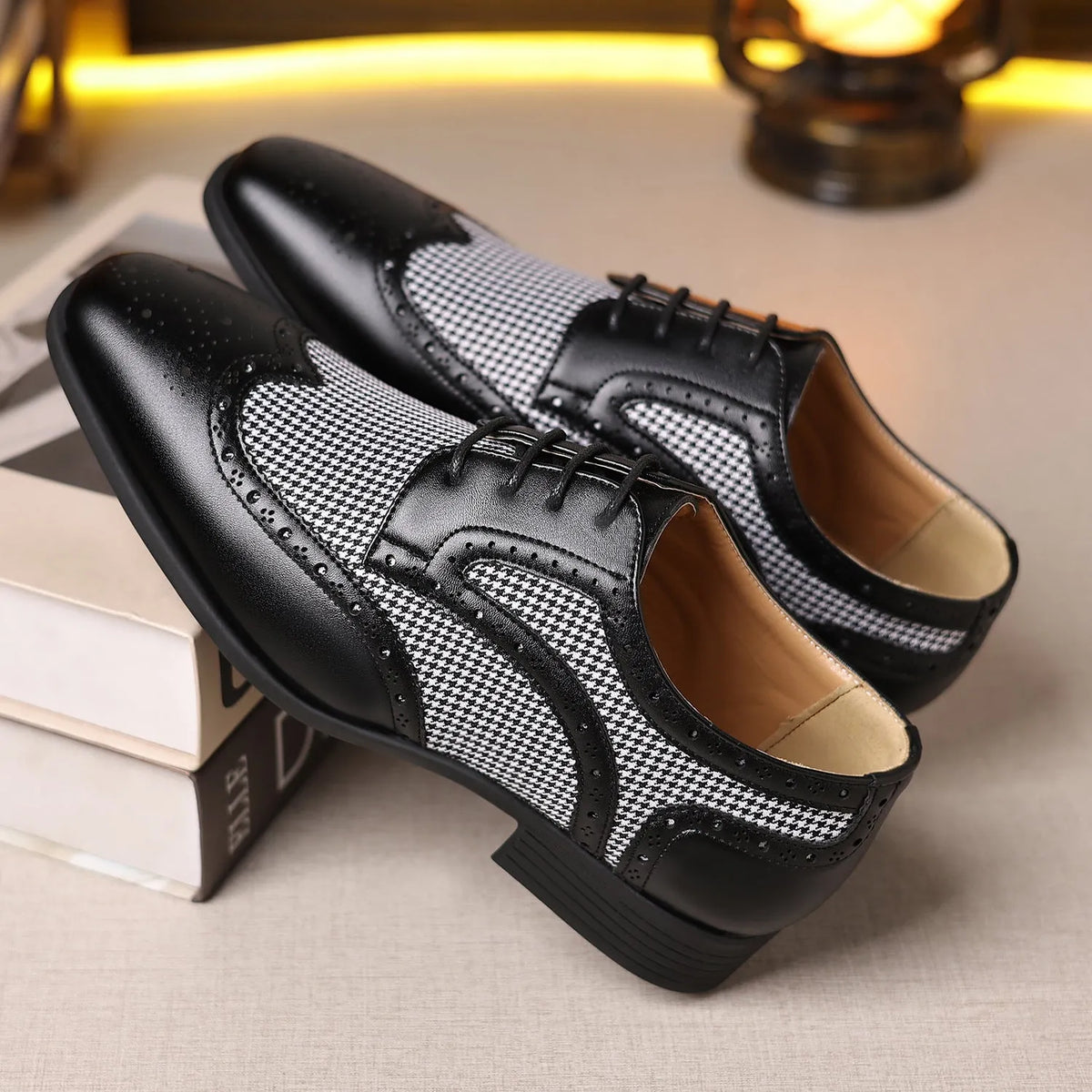 Men's black houndstooth patterned canvas lace-up shoes with a square toe and rubber sole.