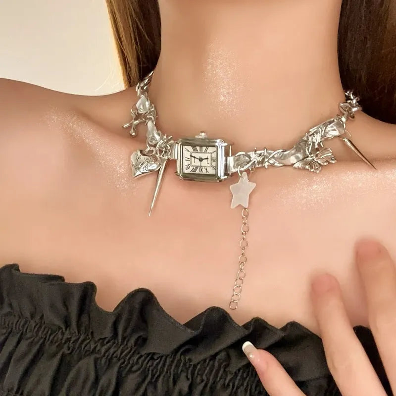 Dark style multi-layer cross necklace with hemp flower chain, adjustable 41-50cm length.