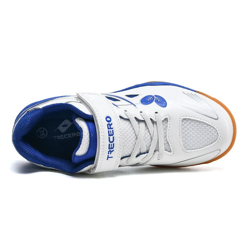 White and blue PVC badminton shoes with a ribbed sole and low-top casual design