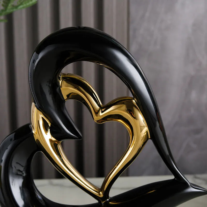 White porcelain heart ornament with geometric design in metallic colour finish