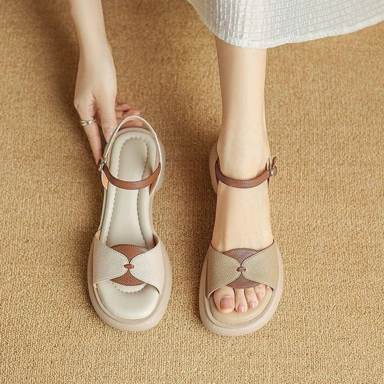 Women's beige chunky heel platform sandals with open toe and adjustable ankle strap.