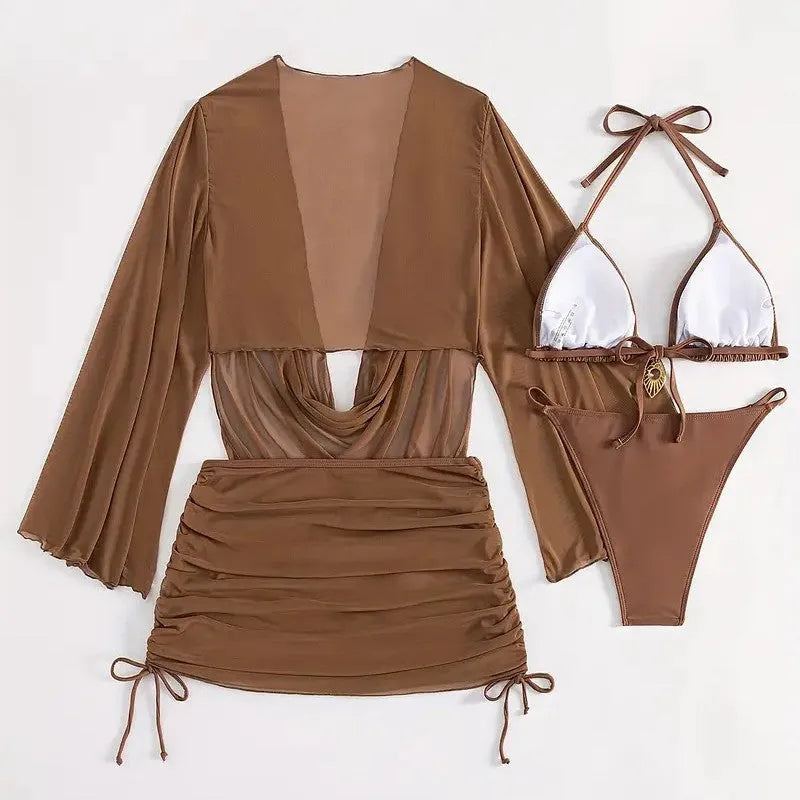Dark brown lace-up backless women's bikini swimsuit laid flat