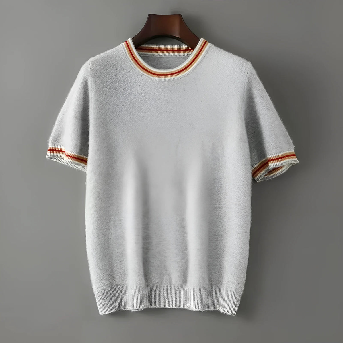 Men's grey pure wool short sleeve round neck sweater pullover laid flat